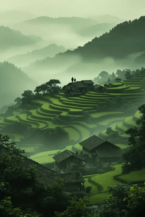 棕壤之约 - 橘子影院 年代剧集棕壤之约海报,八十年代乡村梯田与站在土地上的村民