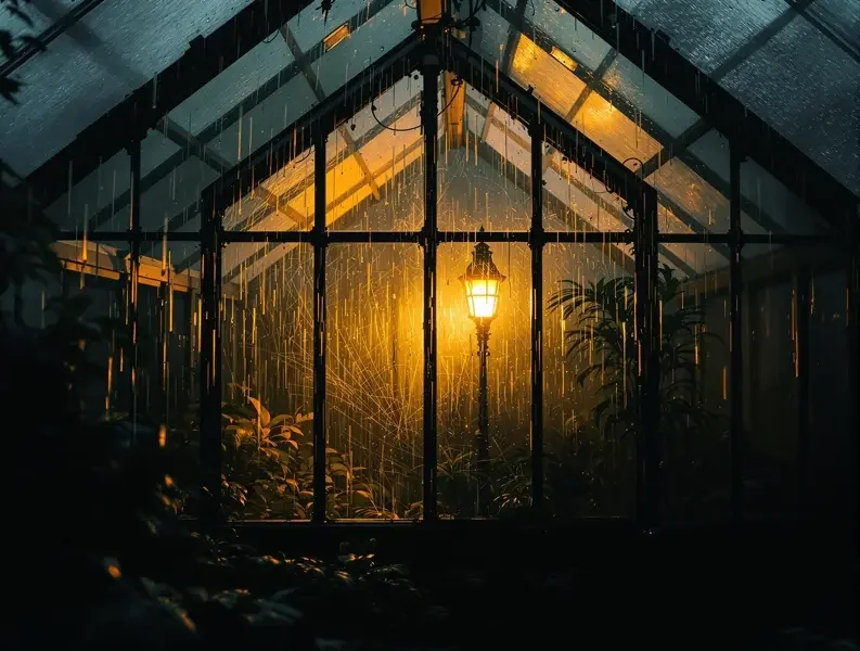悬疑推理 - 橘子影院 悬疑推理主题配图,雨夜旧玻璃温室里透出的暖黄灯光