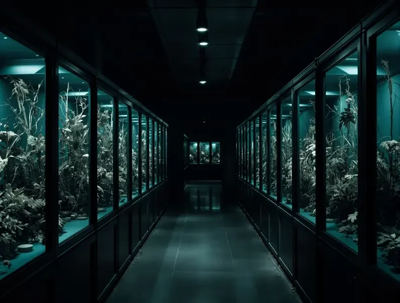 惊悚暗夜 - 橘子影院 惊悚暗夜主题配图,冷光下单排玻璃标本柜与干枯植物