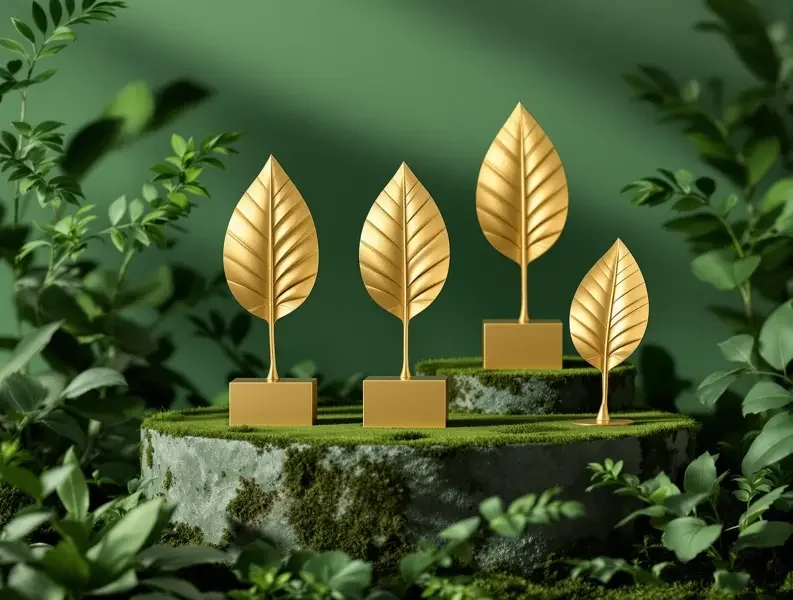 匠心之作 · 金藤奖历届 - 橘子影院 匠心之作经典片单封面,苔石台座上叶片造型的金色奖杯