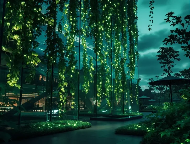科幻纪元 - 橘子影院 科幻纪元主题配图,发光藤蔓覆盖的未来玻璃建筑