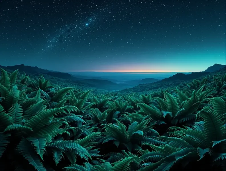 科幻远征片单封面，星空下远古巨型蕨类与发光地平线