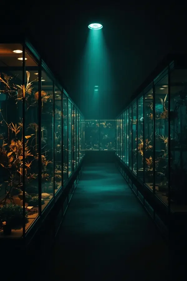标本馆之夜 - 橘子影院 惊悚电影标本馆之夜海报,夜色中昏暗的植物标本陈列厅与冷光